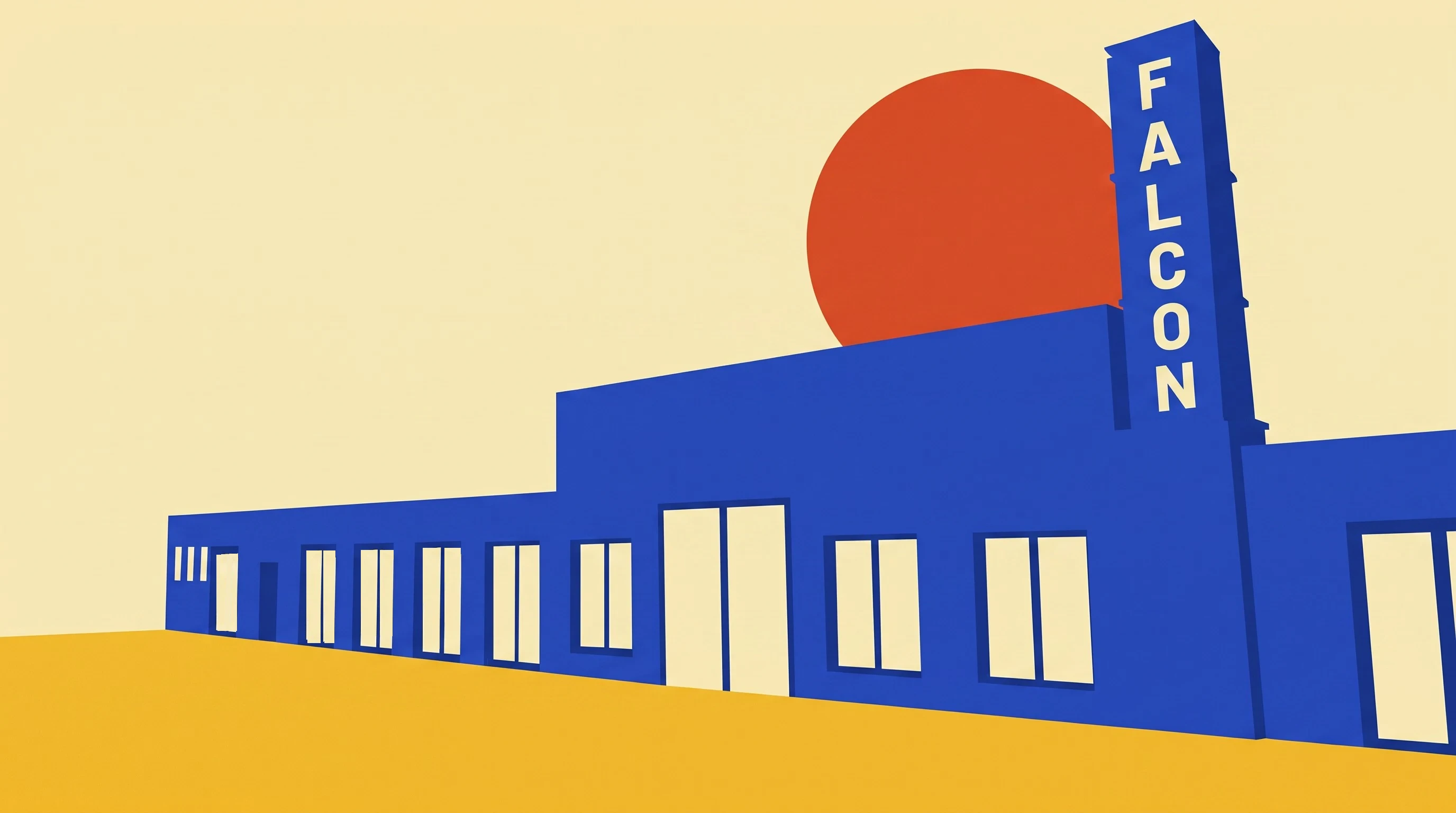 Het Falcon-pand als illustratie: kobaltblauw gebouw met de naam op de kopgevel en een rode zon erachter